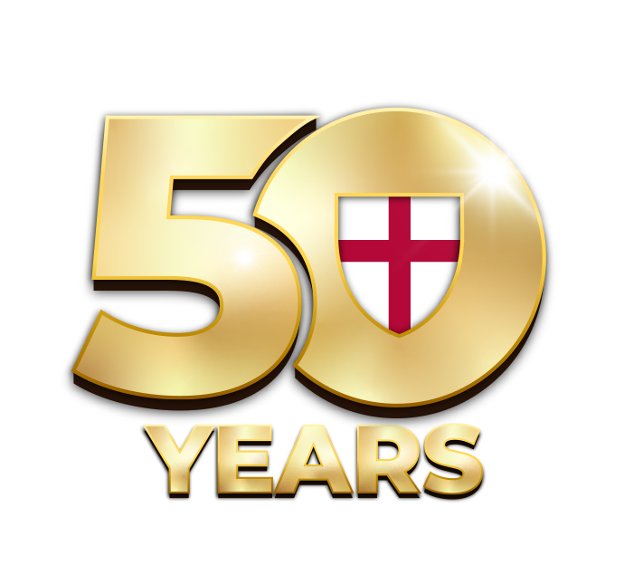 Gold 50 Years emblem with a shield bearing the English flag inside the number zero