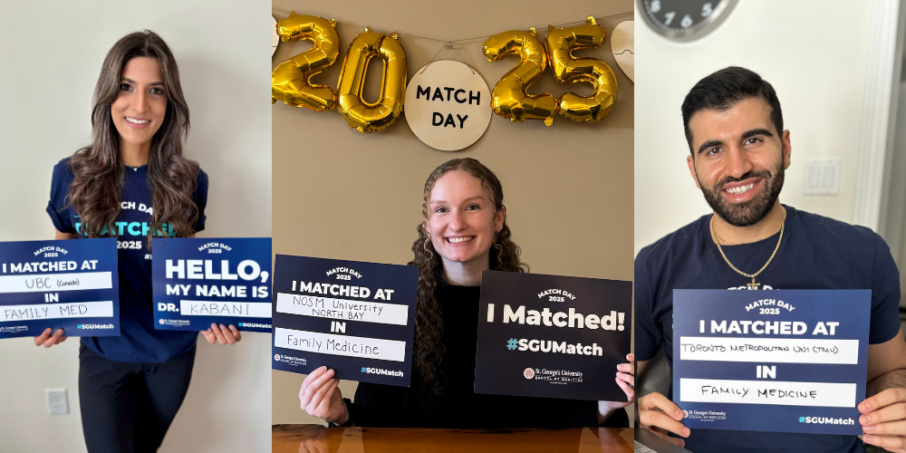 Collage of three SGU CaRMS matches|Claudia Nieuwland match celebration|Christopher Haddad Match celebration|Ziyaana Kabani match celebration|| News