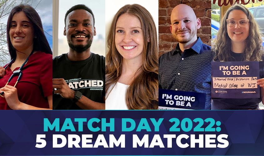 Collage of five smiling medical students and residents holding signs for their residency placements, celebrating Match Day 2022 dream matches.
