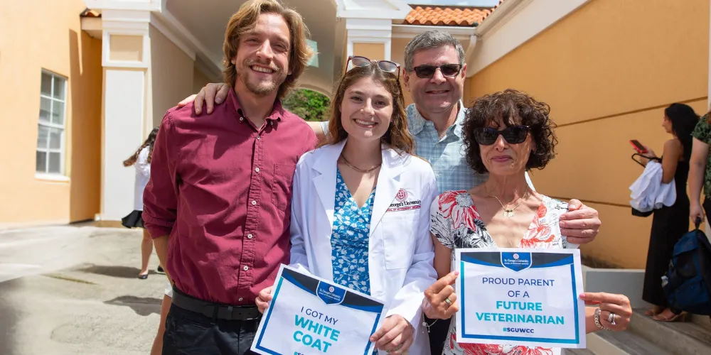 Term 1 SVM student and her family at the Fall 2025 SVM White Coat Ceremony News