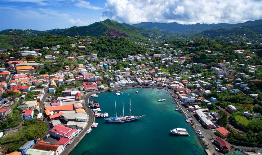 Scenic view of the coastline and harbor of St. George's, Grenada, in the Caribbean