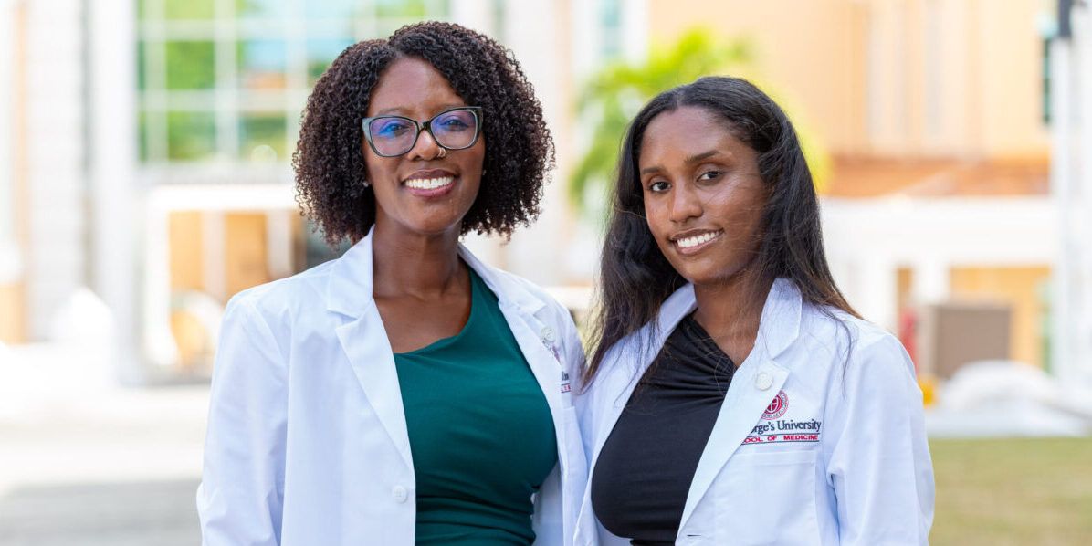 Featured image for Am I too Old? blog post featuring two SGU students posing in their white coats.