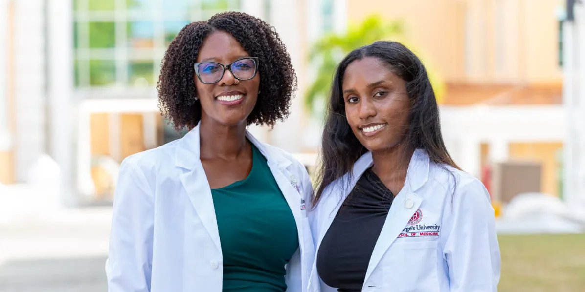 Featured image for Am I too Old? blog post featuring two SGU students posing in their white coats.