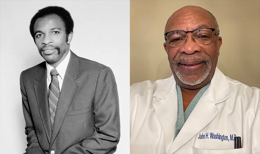 Dr. John Washington, MD '81, a trailblazing emergency medicine physician and member of SGU first charter class, in a 'then and now' photo that celebrates his legacy.