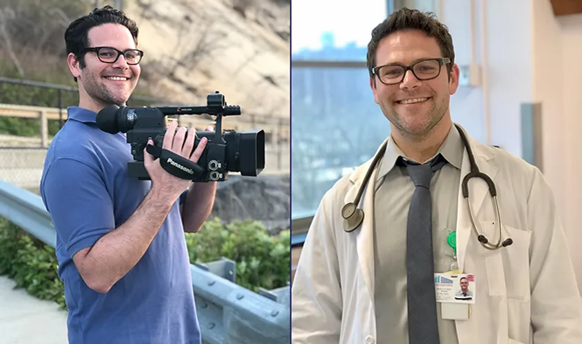 Side-by-side photos of a man holding a video camera outdoors, and later smiling in a doctor's white coat with a stethoscope News