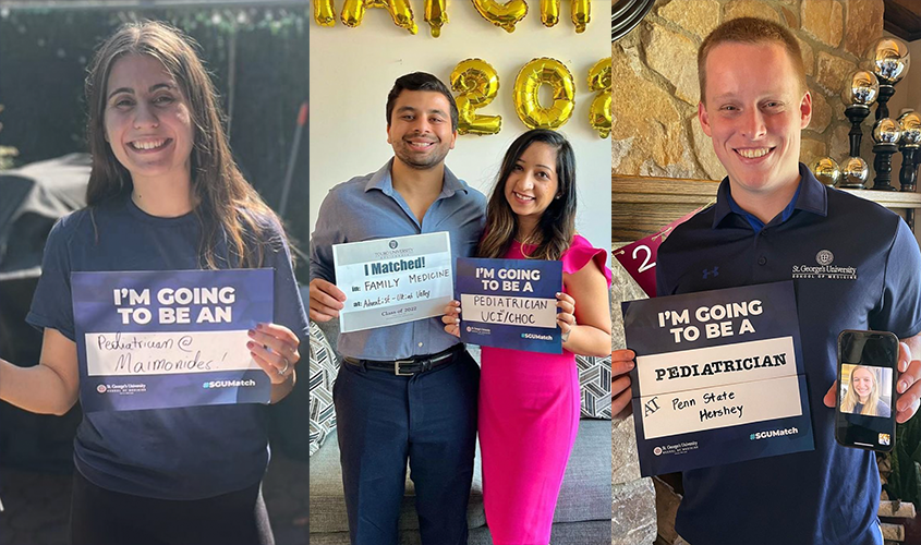 Medical graduates smiling and holding signs announcing their residency Match Day placements