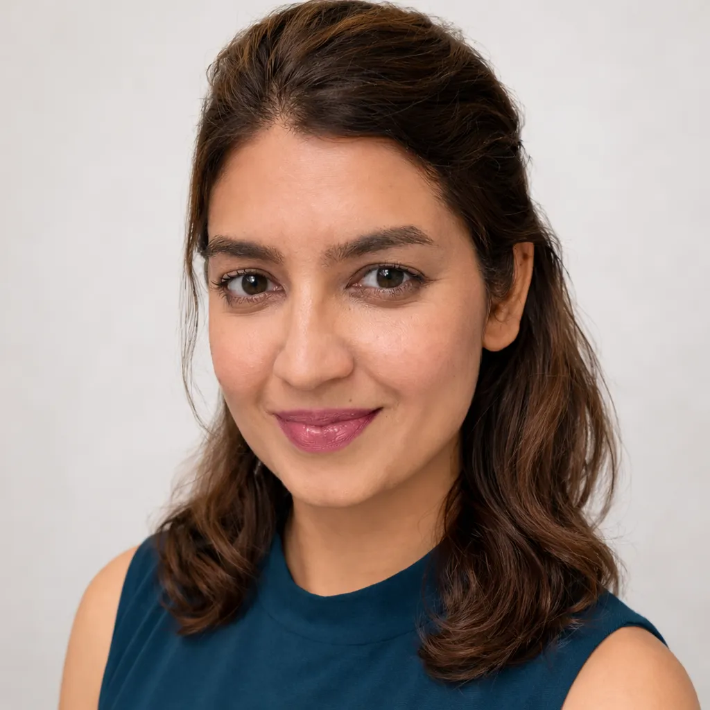Smiling woman with shoulder-length wavy brown hair and brown eyes wearing a teal sleeveless top