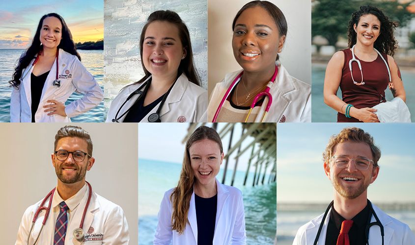 Collage of seven diverse medical students, wearing lab coats and stethoscopes, for a professional profile or university highlight.