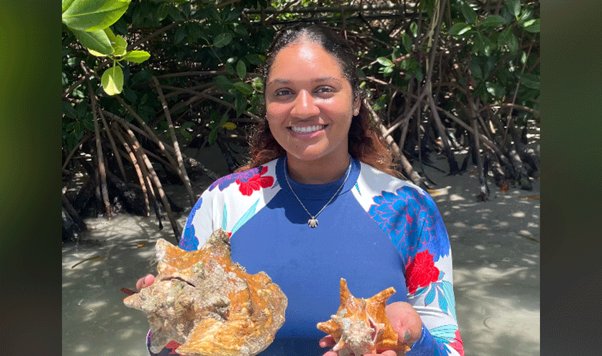 Smiling woman standing in front of mangroves, holding two large conch shells News