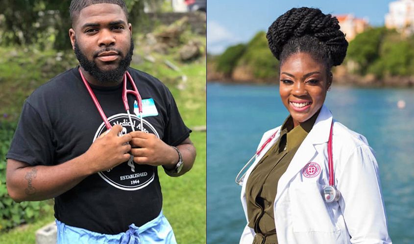 Side-by-side portraits of two Black medical students wearing stethoscopes outdoors