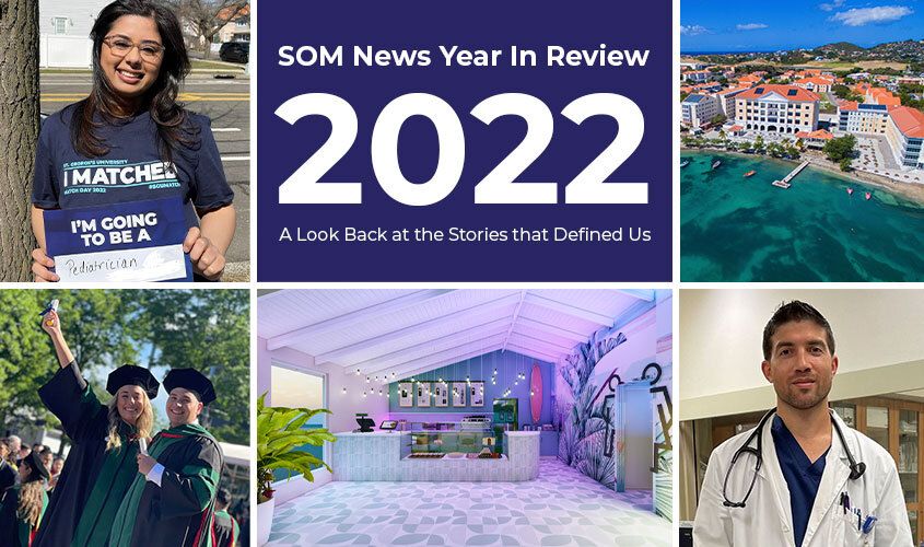 SOM News Year In Review 2022 collage featuring medical students, campus aerial view, graduation, and clinical staff News
