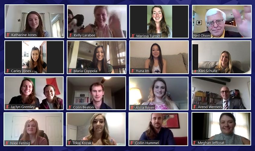 Virtual celebration screen capture showing veterinary students and Professor Neil Olson during the SVM Awards Ceremony.