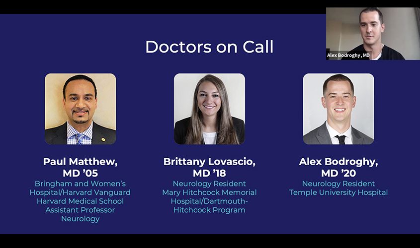 Doctors on Call" slide introducing neurology panelists Paul Matthew, Brittany Lovascio, and Alex Bodroghy