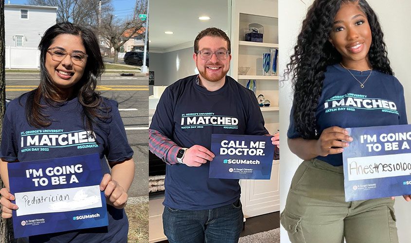 Three St. George's University School of Medicine (SGU) graduates celebrating after successfully securing US residency placements on Match Day 2022.