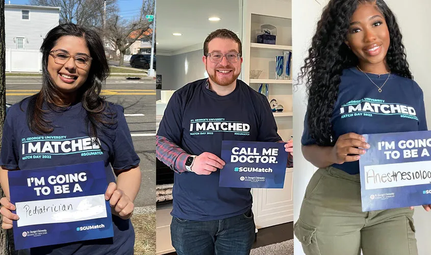 Three St. George's University School of Medicine (SGU) graduates celebrating after successfully securing US residency placements on Match Day 2022. News