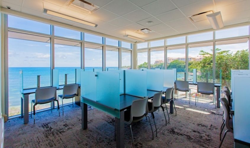View of a modern, bright new study space and learning facility on the St. George's University (SGU) True Blue campus in Grenada.