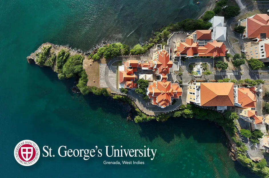Aerial view of St. George’s University campus situated on a coastal peninsula in Grenada, West Indies